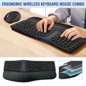 MK960 Ergonomic Wireless Keyboard Mouse Combo, Bluetooth/2.4G Split Design Keyboard with Palm Rest and 4 Level DPI Adjustable Wireless Mouse Multi-Device, Rechargeable, for Windows/Mac/Android(Black)