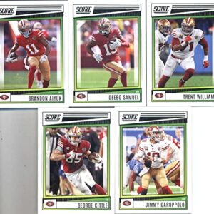 2022 Score Veteran San Francisco 49ers Team Set of 10 Cards: Brandon Aiyuk(#162), Deebo Samuel(#163), Trent Williams(#164), George Kittle(#165), Jimmy Garoppolo(#166), Eli Mitchell(#167), Raheem Mostert(#168), Nick Bosa(#169), Jerry Rice(#170), Joe Montan