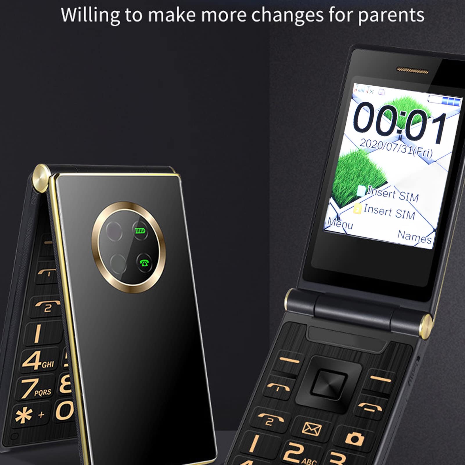 ASHATA 2G Flip Mobile Phone with 2.8in Screen, Easy to Use Big Button Unlocked Senior Flip Cell Phone, Dual SIM Seniors Phone with One Touch Dial, Super Loud Volume, Gifts for Parents(Gold)