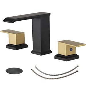 bwe waterfall bathroom faucet black and brushed gold 3 holes 8 inch two handles vanity bathroom sink faucet with pop up drain stopper and supply lines square bath lavatory mixer tap