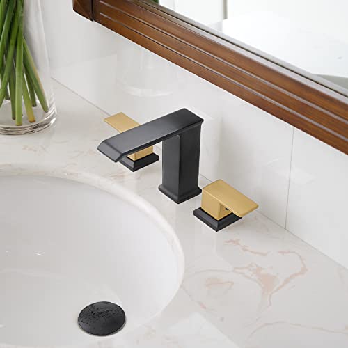 BWE Waterfall Bathroom Faucet Black and Brushed Gold 3 Holes 8 Inch Two Handles Vanity Bathroom Sink Faucet with Pop Up Drain Stopper and Supply Lines Square Bath Lavatory Mixer Tap