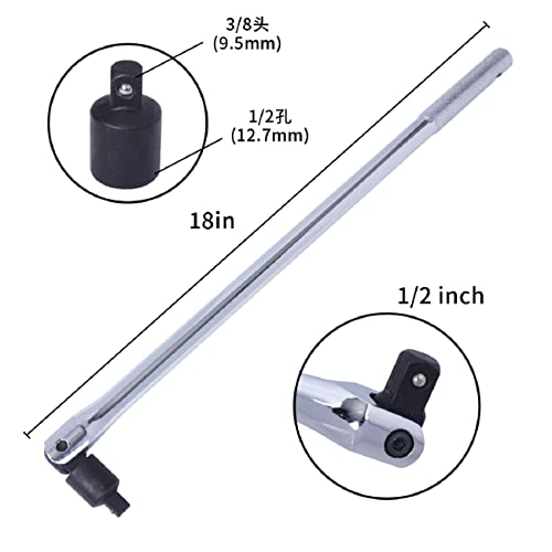 JANNO 18Inch 1/2 Breaker Bar With 1/2 to 3/8 Adapter, 180 Degree Rotatable Breaker Bar, Breaker Bar Set for Breaking Rusted, Stubborn, Stuck Nuts and Bolts