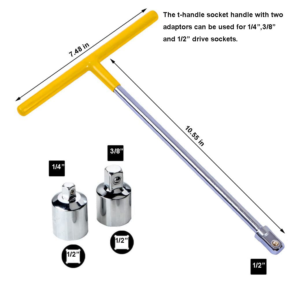 PANSHIYON T Handle Wrench,1/2-Inch Drive T Handle Socket Driver with 1/4” and 3/8” Adaptors, 1/2” T-Handle Socket Wrench(3pcs),Yellow