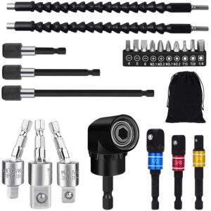 flexible drill bit extension set, 105° right angle drill attachment, 1/4 3/8 1/2" hex shank impact driver socket adapter rotatable socket, bendable drill bit extension and screwdriver bit kit