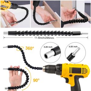 Flexible Drill Bit Extension Set, 105° Right Angle Drill Attachment, 1/4 3/8 1/2" Hex Shank Impact Driver Socket Adapter Rotatable Socket, Bendable Drill Bit Extension and Screwdriver Bit Kit