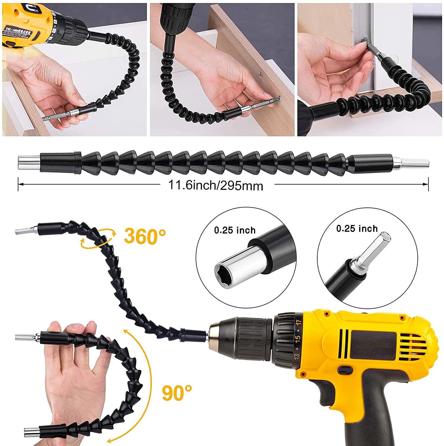 Flexible Drill Bit Extension Set, 105° Right Angle Drill Attachment, 1/4 3/8 1/2" Hex Shank Impact Driver Socket Adapter Rotatable Socket, Bendable Drill Bit Extension and Screwdriver Bit Kit