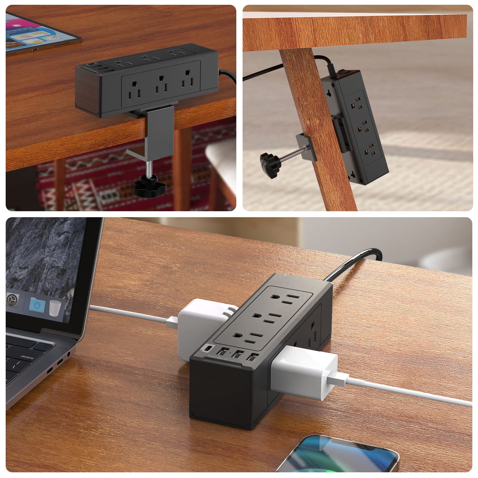 QBA Desk Clamp Power Strip with USB C, 9 Widely Spaced Outlets with 4 USB Ports, 3 Side Outlet Extender with 6FT Extension Cord, Desk USB Charging Station for Home Office Dorm, Black