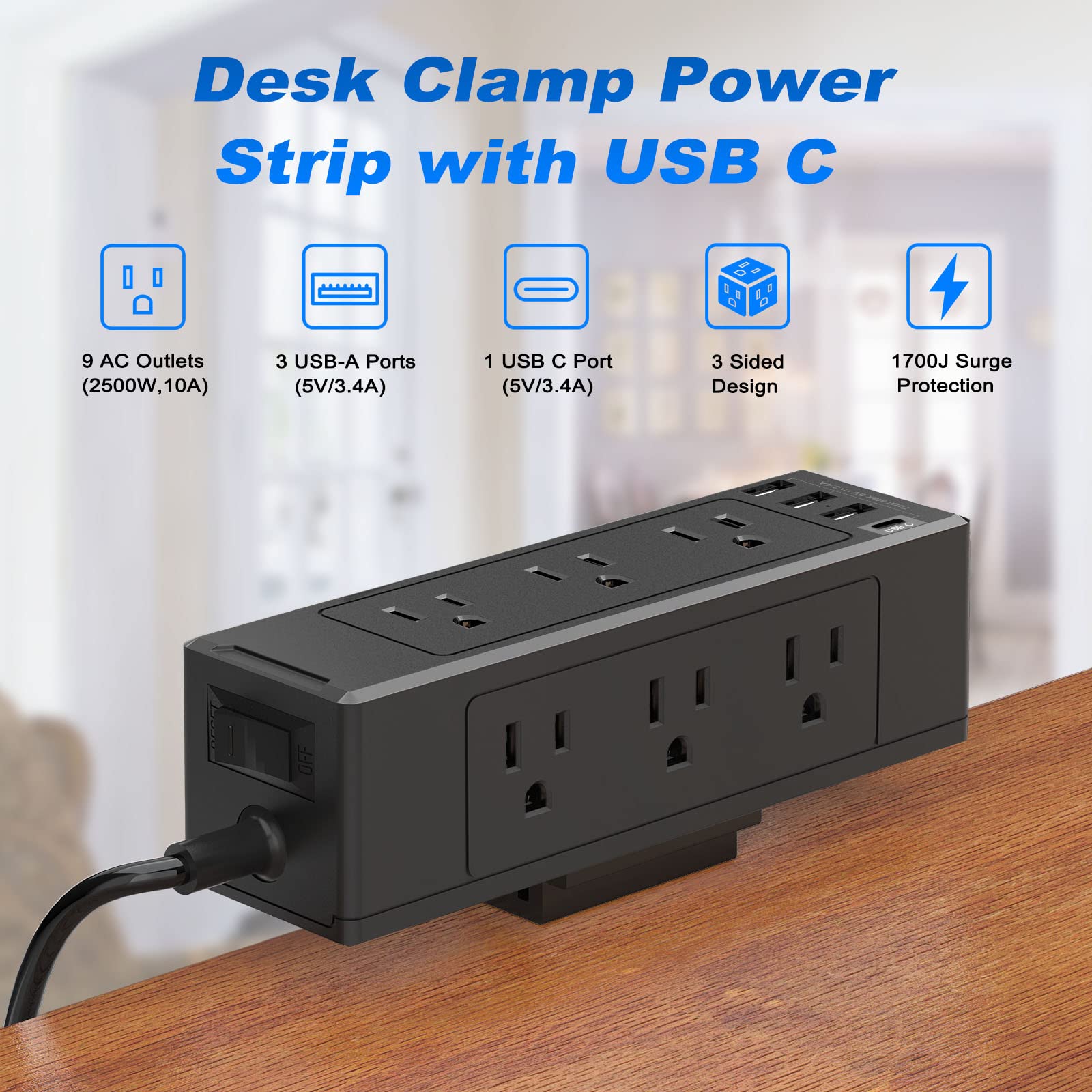 QBA Desk Clamp Power Strip with USB C, 9 Widely Spaced Outlets with 4 USB Ports, 3 Side Outlet Extender with 6FT Extension Cord, Desk USB Charging Station for Home Office Dorm, Black