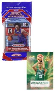 brand new 2021-22 panini prizm factory sealed jumbo cello basketball card pack - 15 cards per pack (includes 3 red white blue prizms) - plus novelty victor wembanyana card shown.