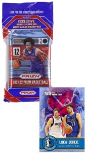 brand new 2021-22 panini prizm factory sealed jumbo cello basketball card pack - 15 cards per pack (includes 3 red white blue prizms) - plus novelty luka doncic card shown.