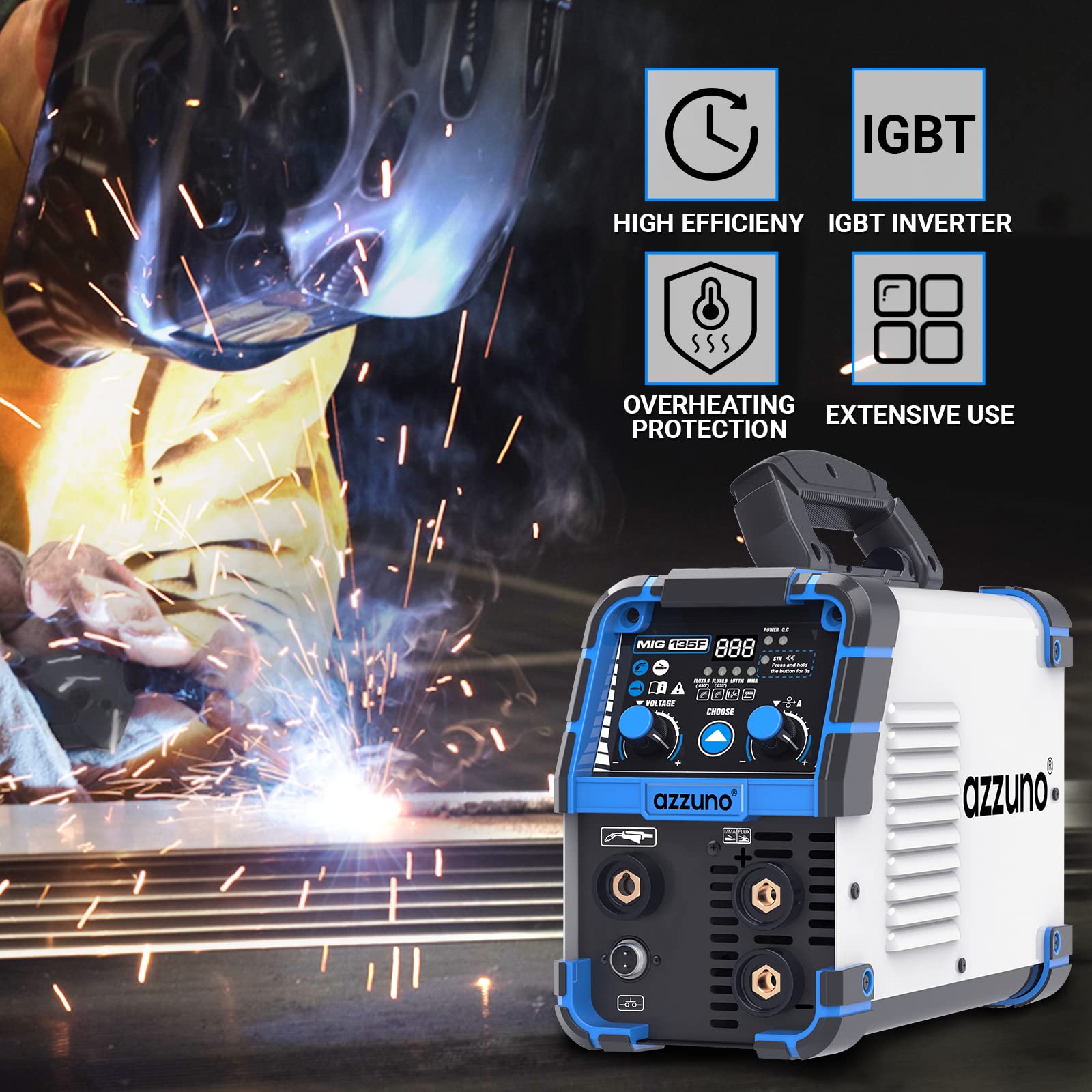 AZZUNO 135 Amp MIG Welder, 3 in 1 Multiprocess Welder 110V Flux Core Welder Flux MIG/Lift TIG/Stick Welding Machine Synergic Control IGBT Inverter Welder (volts, 110)