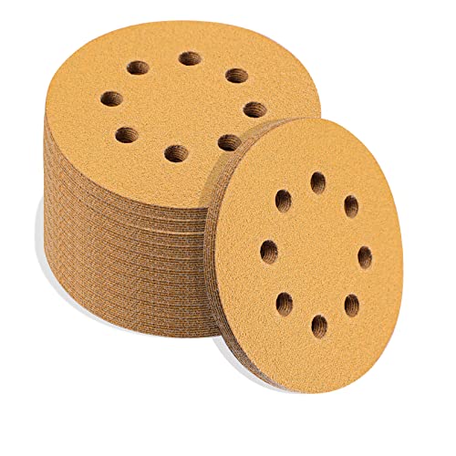 Spmarkt 50Pcs 5 Inch Sanding Discs, 8 Hole Dustless Hook and Loop, Gold Premium Sandpaper Set, 10 Each of Grit 80/120 / 180/240 / 320, for Woodworking or Automotive