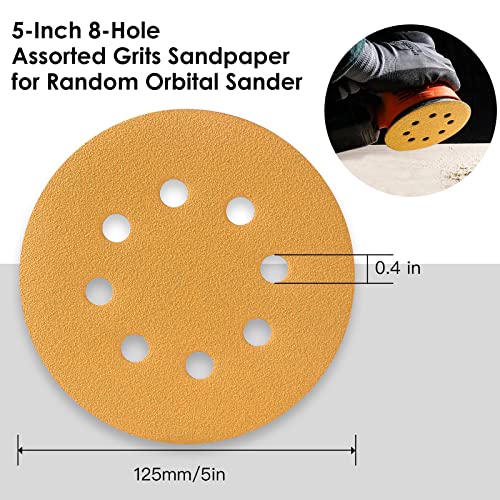 Spmarkt 50Pcs 5 Inch Sanding Discs, 8 Hole Dustless Hook and Loop, Gold Premium Sandpaper Set, 10 Each of Grit 80/120 / 180/240 / 320, for Woodworking or Automotive