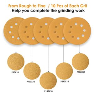 Spmarkt 50Pcs 5 Inch Sanding Discs, 8 Hole Dustless Hook and Loop, Gold Premium Sandpaper Set, 10 Each of Grit 80/120 / 180/240 / 320, for Woodworking or Automotive