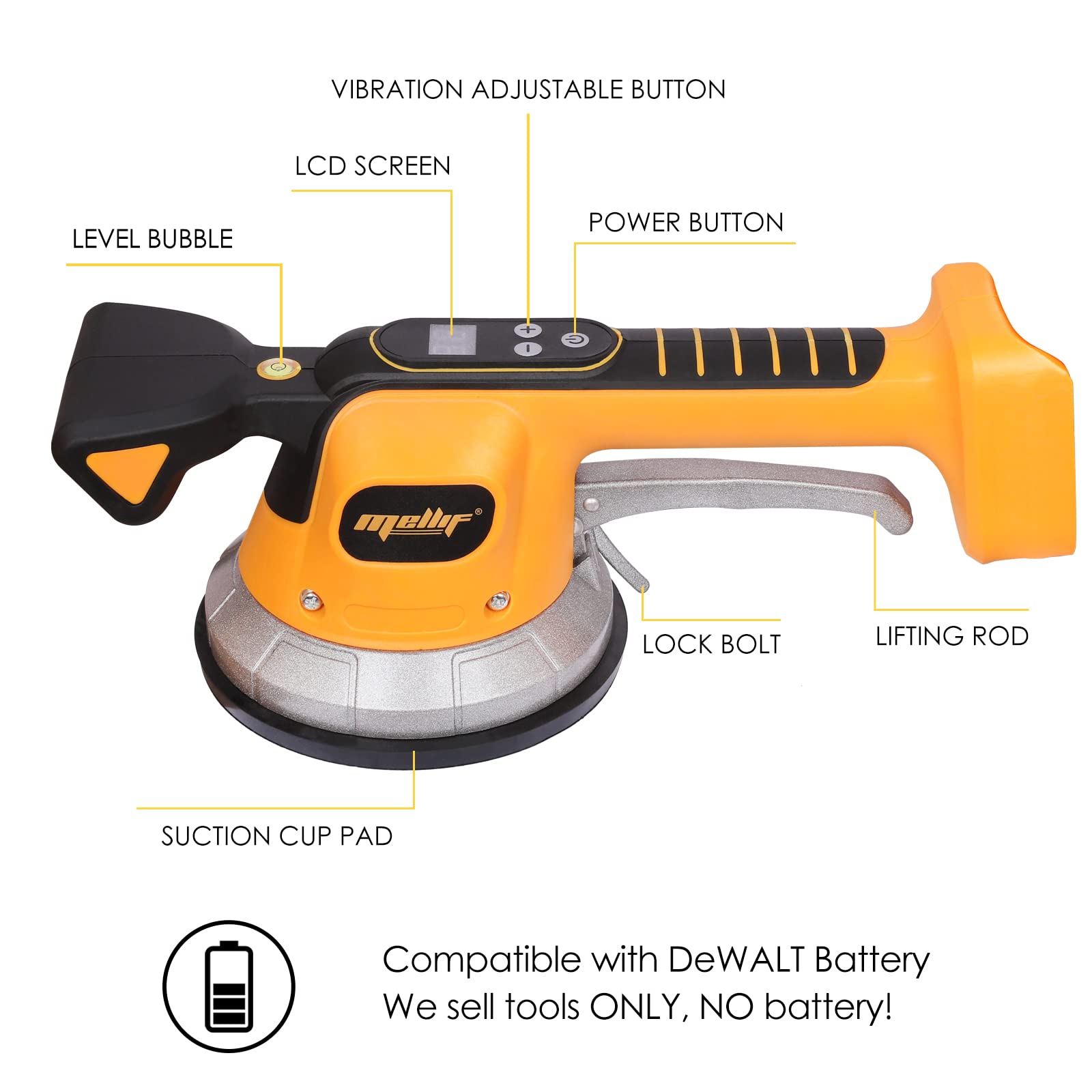 Tile Vibration Leveling Machine, Mellif Tiler Vibrator Tool for Dewalt 20V Max Battery (NOT Included) with Ten Adjustable Speed & Suction Cup & Digital Display & Lock Design for Floor | Tile | Wall