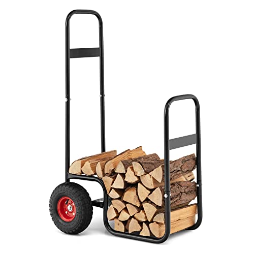 Goplus Firewood Log Cart, Outdoor Indoor Firewood Rack Storage Mover with Pneumatic Rubber Wheels, Heavy Duty Steel Wood Hauler, Firewood Carrier for Fireplace, Fire Pit, 220 LBS Capacity