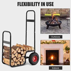 Goplus Firewood Log Cart, Outdoor Indoor Firewood Rack Storage Mover with Pneumatic Rubber Wheels, Heavy Duty Steel Wood Hauler, Firewood Carrier for Fireplace, Fire Pit, 220 LBS Capacity