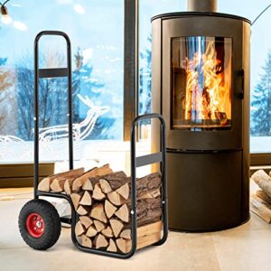 Goplus Firewood Log Cart, Outdoor Indoor Firewood Rack Storage Mover with Pneumatic Rubber Wheels, Heavy Duty Steel Wood Hauler, Firewood Carrier for Fireplace, Fire Pit, 220 LBS Capacity