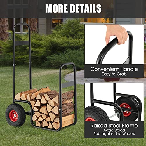 Goplus Firewood Log Cart, Outdoor Indoor Firewood Rack Storage Mover with Pneumatic Rubber Wheels, Heavy Duty Steel Wood Hauler, Firewood Carrier for Fireplace, Fire Pit, 220 LBS Capacity