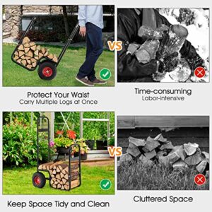 Goplus Firewood Log Cart, Outdoor Indoor Firewood Rack Storage Mover with Pneumatic Rubber Wheels, Heavy Duty Steel Wood Hauler, Firewood Carrier for Fireplace, Fire Pit, 220 LBS Capacity