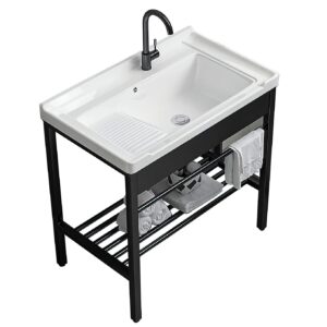 freestanding sink, 28.3" × 19" × 32.3" ceramic utility sink with washboard set with bracket and drain kit for laundry room, garage, basement, outdoor and indoor