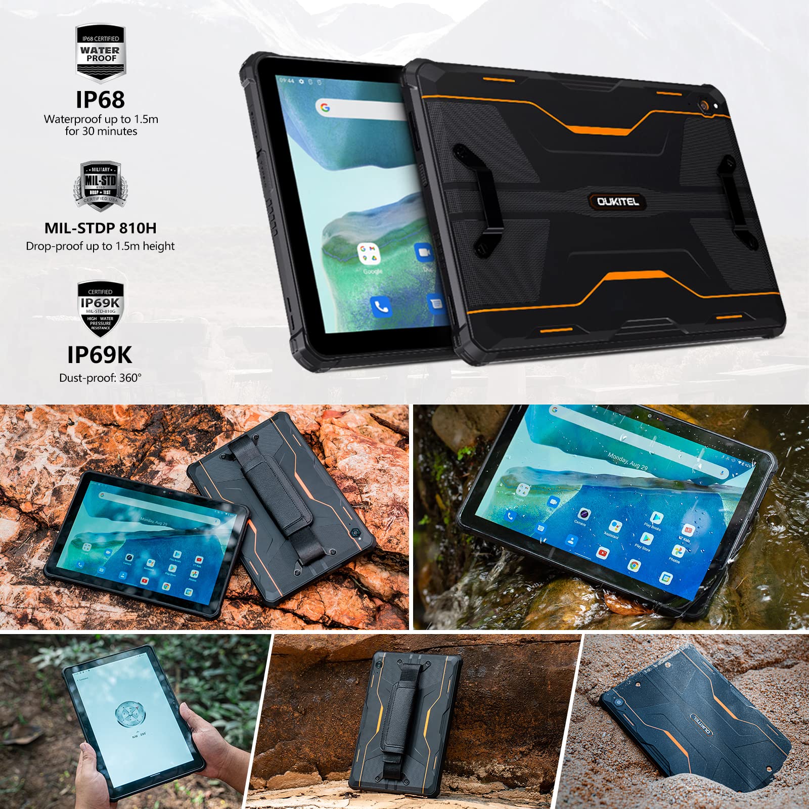 10 inch Android Tablet,OUKITEL RT2 20000mAh Rugged Tablet Android 12 8GB+128GB Tablet IP68,IP69K Waterproof Tablet 4G LTE Dual SIM+5G WiFi Smart Tbalet 16MP+16MP Camera OTG 33W Fast Charging