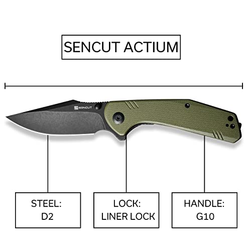 SENCUT Actium Folding Pocket Knife, 3.46'' D2 Satin Blade wood Handle, Liner Lock Flipper Knife with Ceramic Ball Bearing, Good For Outdoor Hiking Camping SA02E (OD Green)