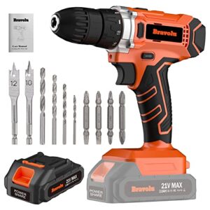 cordless drill, bravolu 21v cordless electric drill set with 1 x 2ah battery, torque 18 + 2, 310 in-lbs max, 3/8-inch keyless chuck 1500rpm 2 variable speeds and led light, for drilling wood and metal