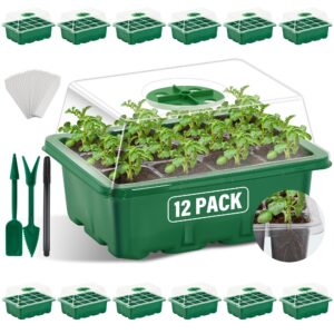 xpatee 12 packs seed starter tray with dome (144 cells total tray), seed starter kit with 24pcs labels seeding tool, reusable seed starting trays kit mini greenhouse plant germination tray (green)
