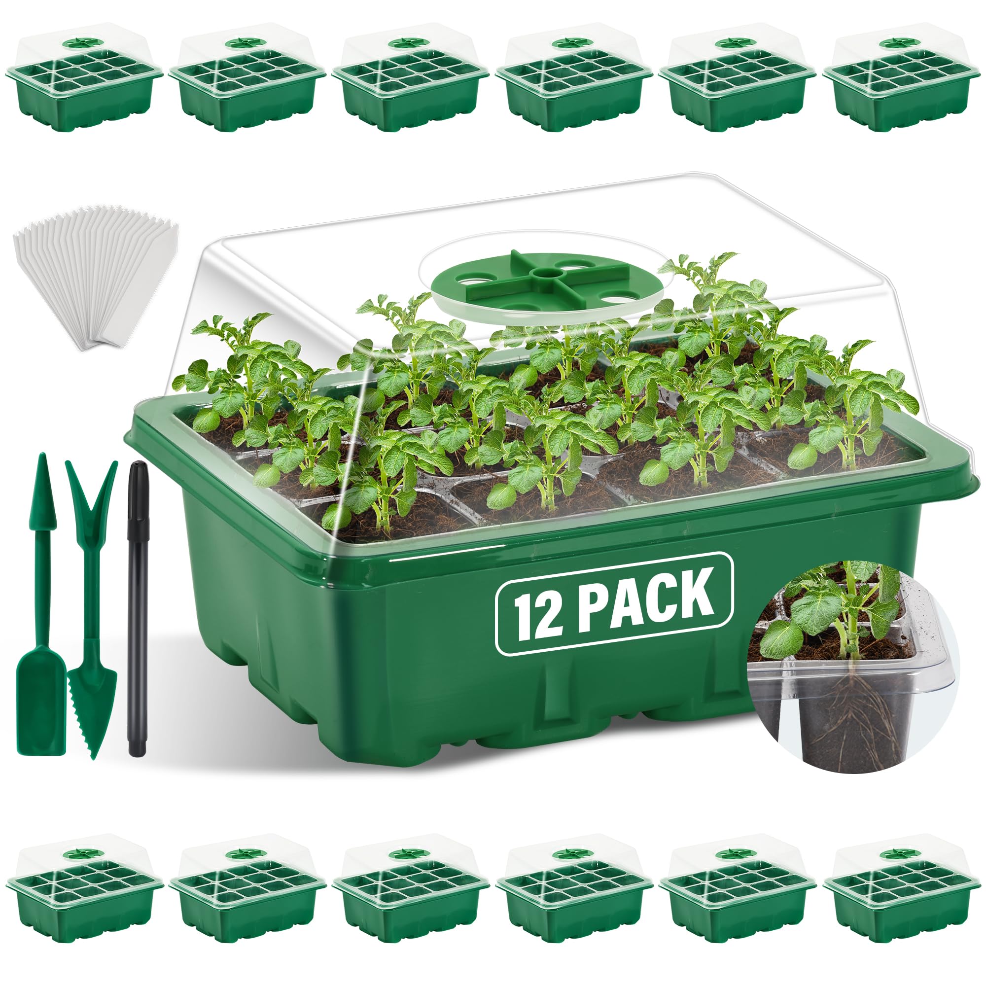 Xpatee 12 Packs Seed Starter Tray with Dome (144 Cells Total Tray), Seed Starter Kit with 24pcs Labels Seeding Tool, Reusable Seed Starting Trays Kit Mini Greenhouse Plant Germination Tray (Green)