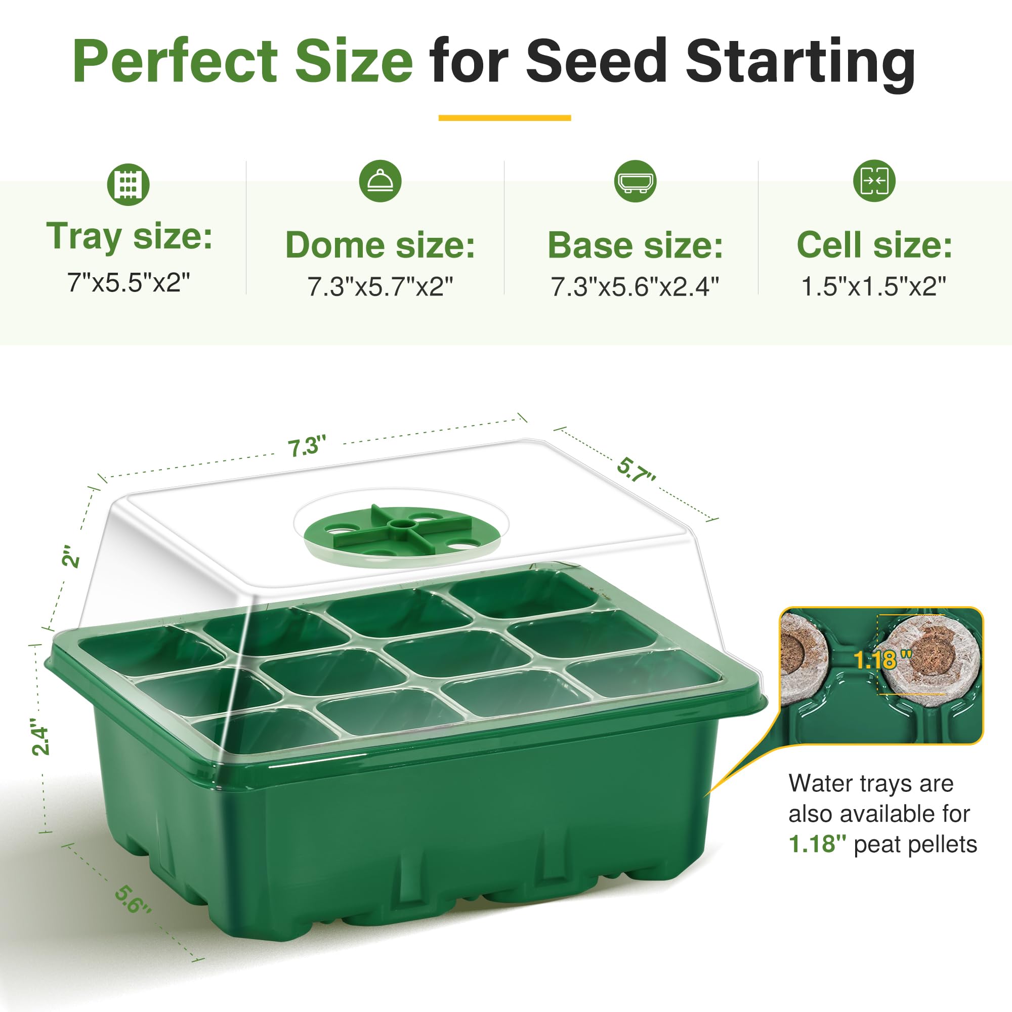 Xpatee 12 Packs Seed Starter Tray with Dome (144 Cells Total Tray), Seed Starter Kit with 24pcs Labels Seeding Tool, Reusable Seed Starting Trays Kit Mini Greenhouse Plant Germination Tray (Green)