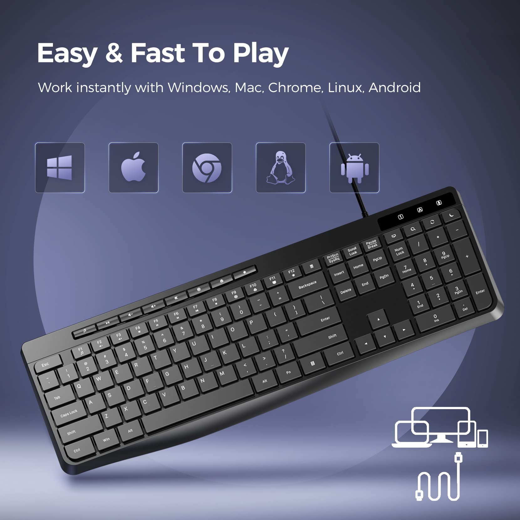 Wired Keyboard,Quiet Keyboard,Multimedia Usb Computer Keyboard,Silent Keyboard with Low Profile Chiclet Keys,Large Number Pad,Spill-Resistant,Anti-Wear Letters,Full Size Keyboard for Laptop,Desktop