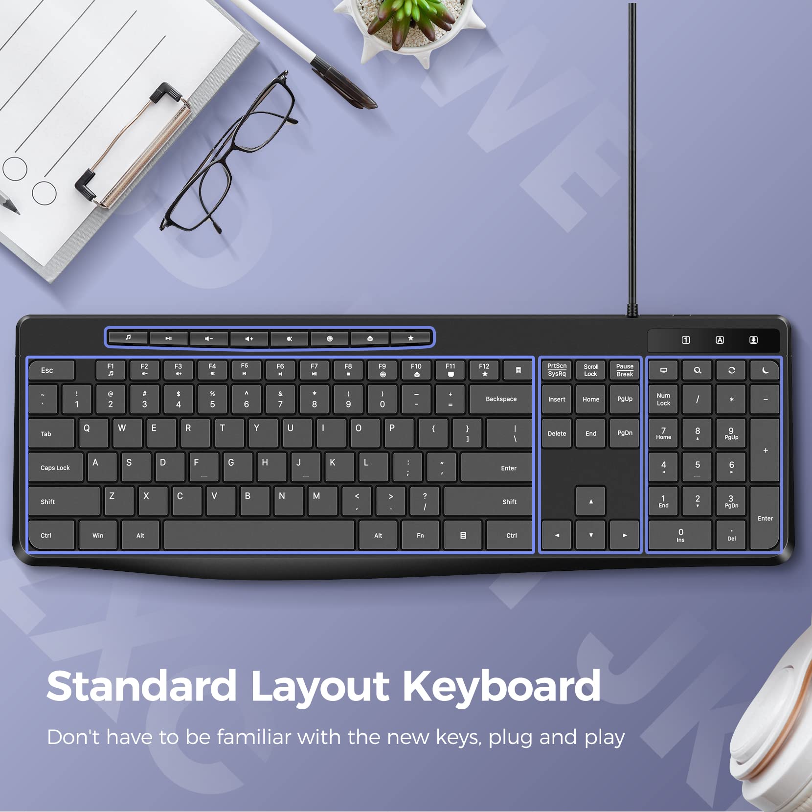 Wired Keyboard,Quiet Keyboard,Multimedia Usb Computer Keyboard,Silent Keyboard with Low Profile Chiclet Keys,Large Number Pad,Spill-Resistant,Anti-Wear Letters,Full Size Keyboard for Laptop,Desktop