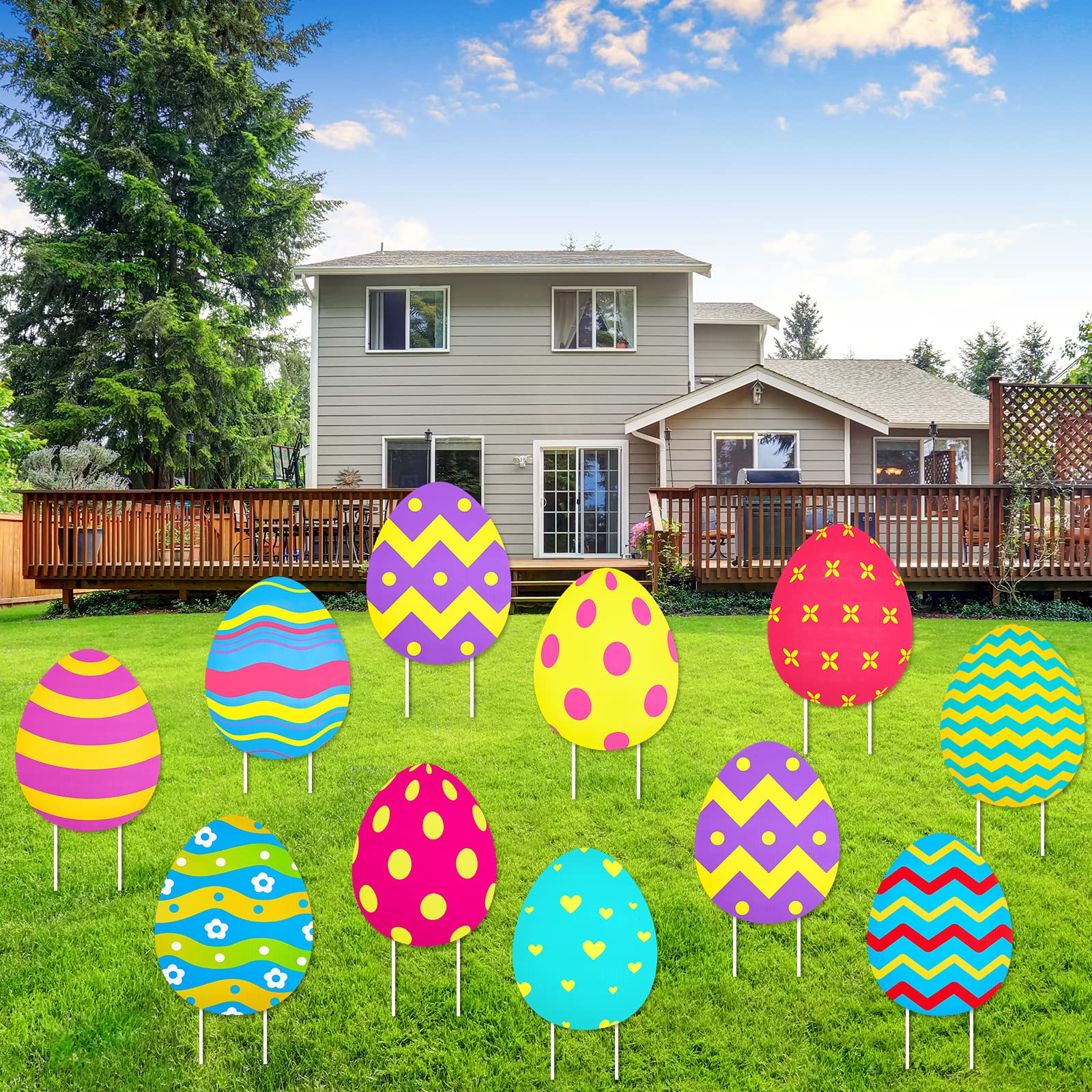 30 Pcs Easter Egg Yard Decorations 12 x 9.6 Inch Outdoor Waterproof Colorful Yard Lawn Spotted Easter Yard Signs with 60 Pcs Plastic Fiber Rods for Outdoor Easter Party Yard Lawn Garden Decorations