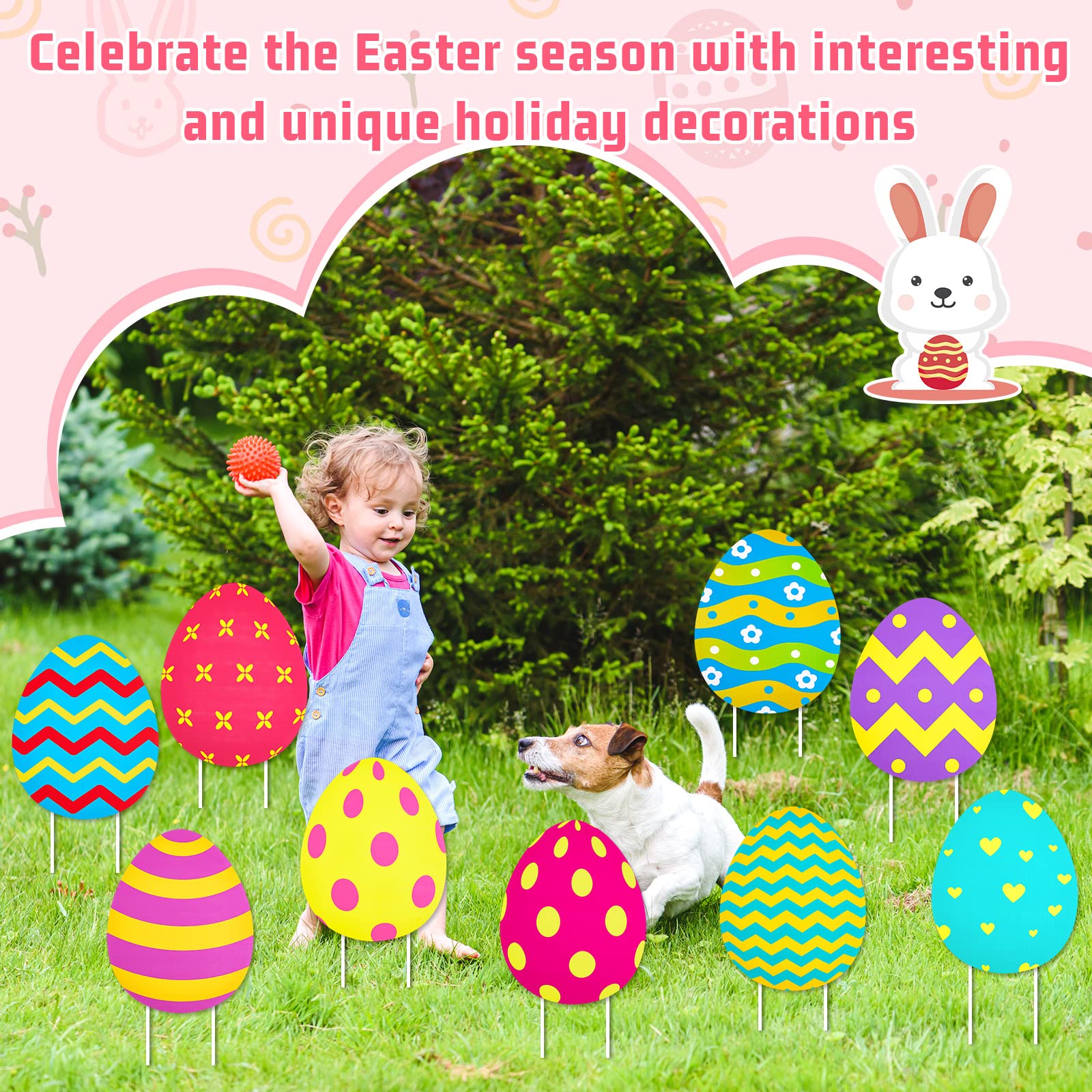 30 Pcs Easter Egg Yard Decorations 12 x 9.6 Inch Outdoor Waterproof Colorful Yard Lawn Spotted Easter Yard Signs with 60 Pcs Plastic Fiber Rods for Outdoor Easter Party Yard Lawn Garden Decorations