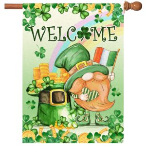 st patricks day flag, st. patrick's day flags 28 x 40 double sided, saint patricks day burlap house flag with leprechaun gnomes shamrock clover green hat welcome signs for outdoor lawn garden decor