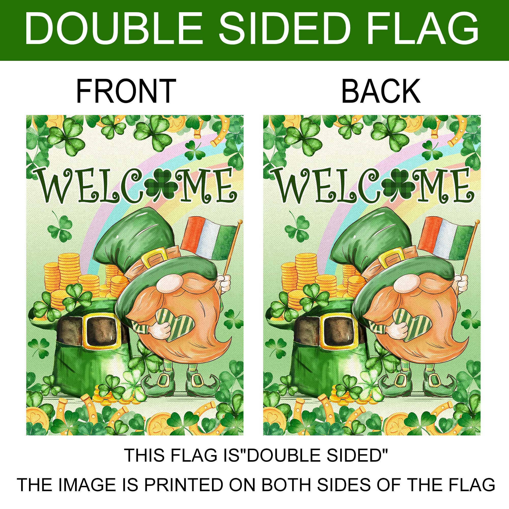 St Patricks Day Flag, St. Patrick's Day Flags 28 x 40 Double Sided, Saint Patricks Day Burlap House Flag with Leprechaun Gnomes Shamrock Clover Green Hat Welcome Signs for Outdoor Lawn Garden Decor