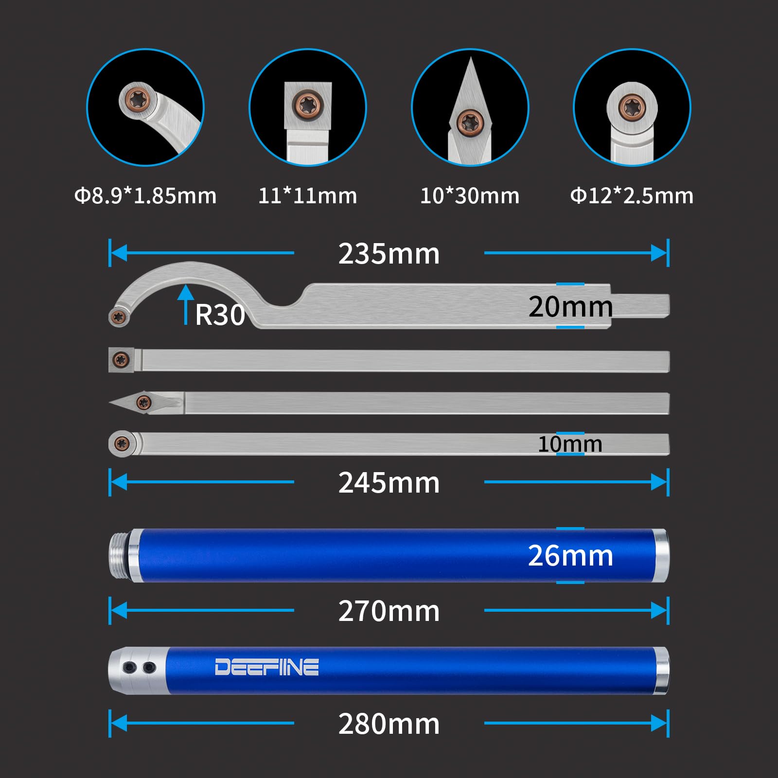 DEEFIINE Carbide Tip Wood Lathe Turning Tool Kit, Lathe Roughing and Finishing Hollow Tool Interchangeable Aluminum Alloy Handle with Diamond Round Square Carbide Blade (Metal handle)
