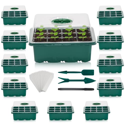 Suntee 12 Packs Seed Starter Tray, Seed Starter Kit with Humidity Dome and 144 Cells, Seedling Starting Trays Plant Starter Kit Reusable Mini Greenhouse Germination Kit for Seeds Growing (Green)