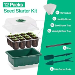 Suntee 12 Packs Seed Starter Tray, Seed Starter Kit with Humidity Dome and 144 Cells, Seedling Starting Trays Plant Starter Kit Reusable Mini Greenhouse Germination Kit for Seeds Growing (Green)