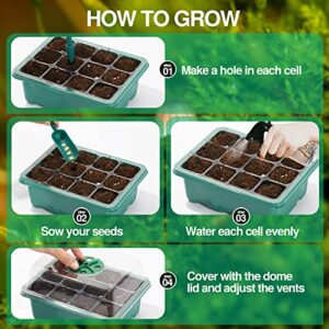 Suntee 12 Packs Seed Starter Tray, Seed Starter Kit with Humidity Dome and 144 Cells, Seedling Starting Trays Plant Starter Kit Reusable Mini Greenhouse Germination Kit for Seeds Growing (Green)