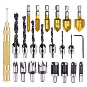 arugou 23-pack woodworking chamfer drilling tool set, 8pcs wood plug cutter, 7pcs three-pointed countersink drill bit & l-wrench, 6pcs 1/4"hex 5 flute countersink drill bit (high speed steel)