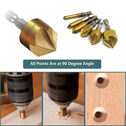 ARUGOU 23-Pack Woodworking Chamfer Drilling Tool Set, 8PCS Wood Plug Cutter, 7PCS Three-Pointed Countersink Drill Bit & L-Wrench, 6PCS 1/4"Hex 5 Flute Countersink Drill Bit (High Speed Steel)