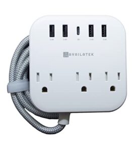 power strip, 3 outlets, 4 usb charging ports, 1 usb-c port, 5ft braided extension cord. wall or desk. home office travel