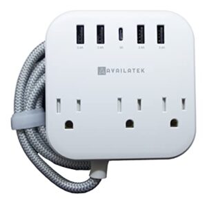 Power Strip, 3 Outlets, 4 USB Charging Ports, 1 USB-C Port, 5Ft Braided Extension Cord. Wall or Desk. Home Office Travel