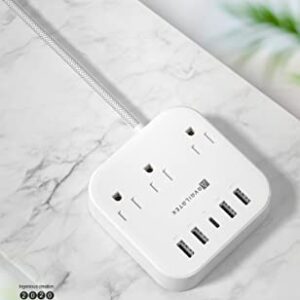 Power Strip, 3 Outlets, 4 USB Charging Ports, 1 USB-C Port, 5Ft Braided Extension Cord. Wall or Desk. Home Office Travel