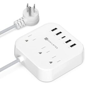 Power Strip, 3 Outlets, 4 USB Charging Ports, 1 USB-C Port, 5Ft Braided Extension Cord. Wall or Desk. Home Office Travel