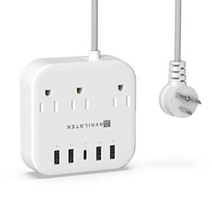 Power Strip, 3 Outlets, 4 USB Charging Ports, 1 USB-C Port, 5Ft Braided Extension Cord. Wall or Desk. Home Office Travel