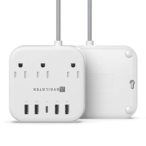 Power Strip, 3 Outlets, 4 USB Charging Ports, 1 USB-C Port, 5Ft Braided Extension Cord. Wall or Desk. Home Office Travel