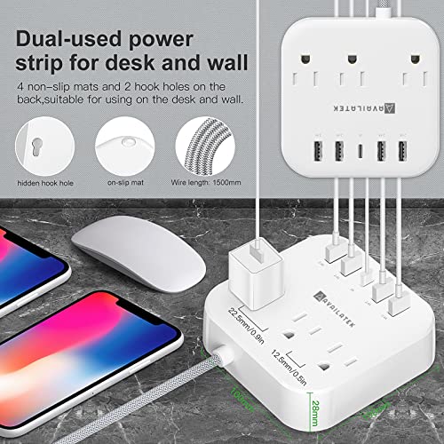 Power Strip, 3 Outlets, 4 USB Charging Ports, 1 USB-C Port, 5Ft Braided Extension Cord. Wall or Desk. Home Office Travel